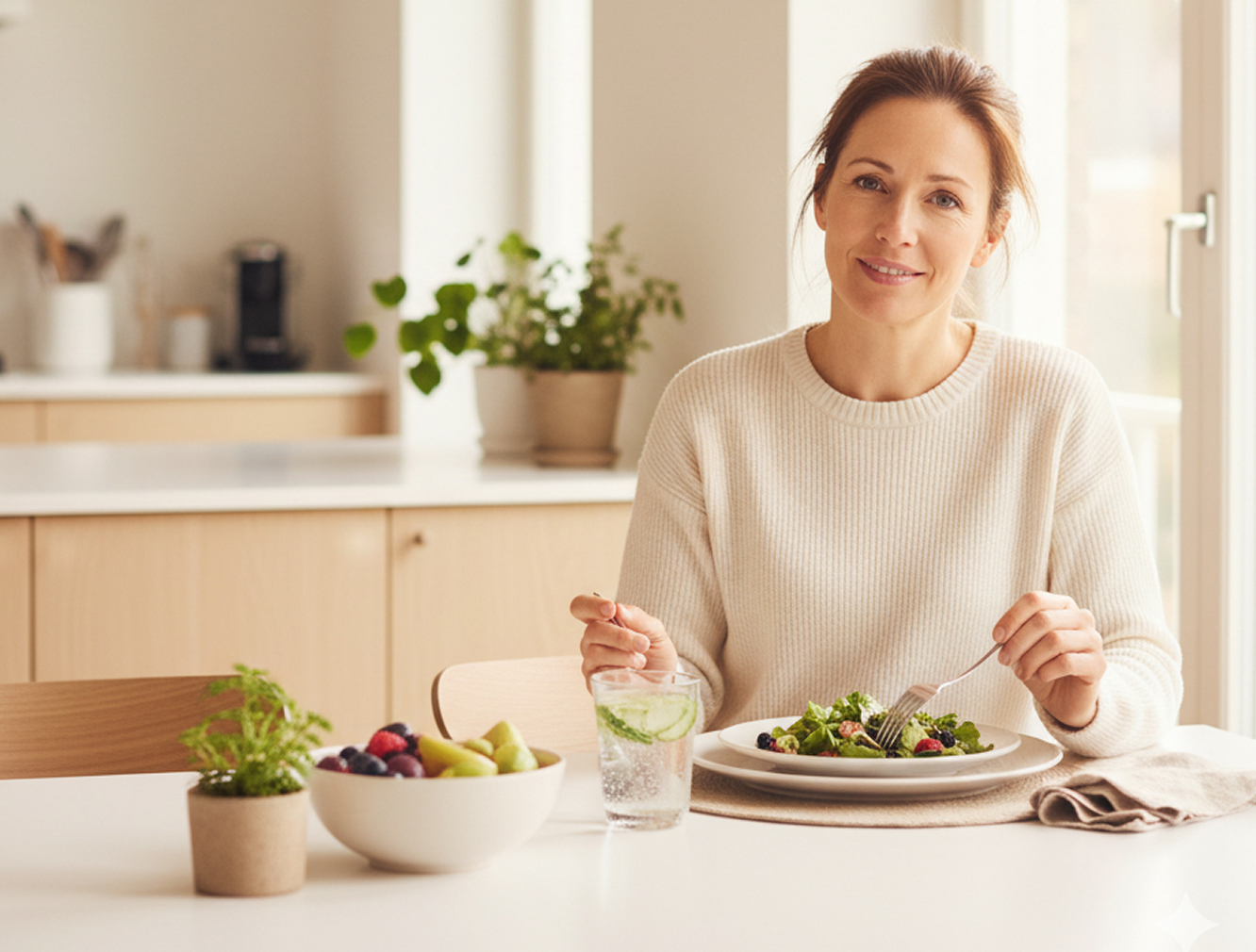 Osoba ciesząca się posiłkiem z uśmiechem